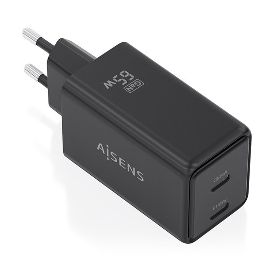Cargador GaN 65W, 2xUSB-C PD3.0 QC4.0, Negro