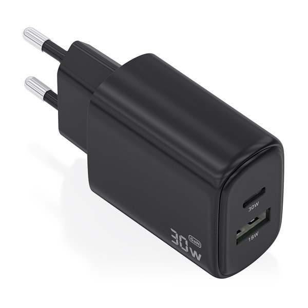 Cargador Gan 30W, 1xUSB-C PD3.0 QC4.0, 1xUSB-A QC3.0, Negro