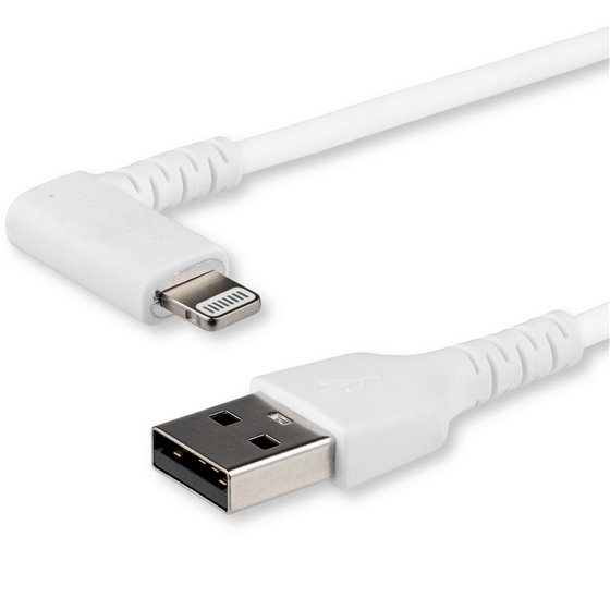 Cable Resistente USB-A a Lightning de 1 m - Blanco -Acodado en un Ángulo de 90° a la Derecha - Cable de Carga y Sincronización U