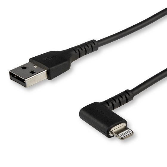 Cable Resistente USB-A a Lightning de 1 m - Negro -Acodado en un Ángulo de 90° a la Derecha - Cable de Carga y Sincronización US