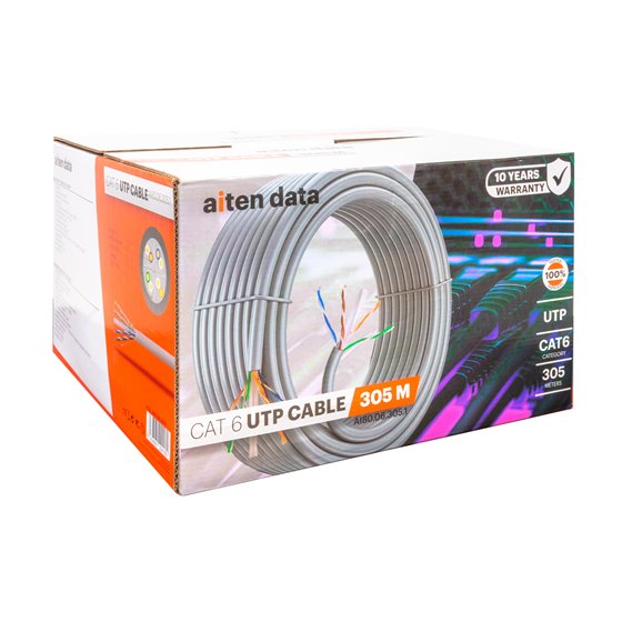Bobina Cable de Red 305 m, UTP CAT6, Polietileno de Alta Densidad (Solid HDPE) y LSZH – Cuatro Cables Trenzados y separador – Di