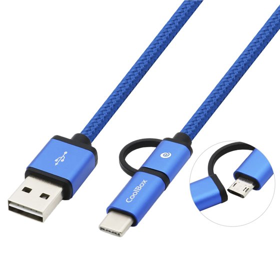 CABLE TRENZADO DE USB-A A MICRO-USB Y USB-C AZUL