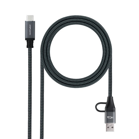 Cable USB 3.2 Gen2x2 20Gbps 5A/100W, USB-C+USB-A/M a USB-C/M, Gris/Negro, 1.5m