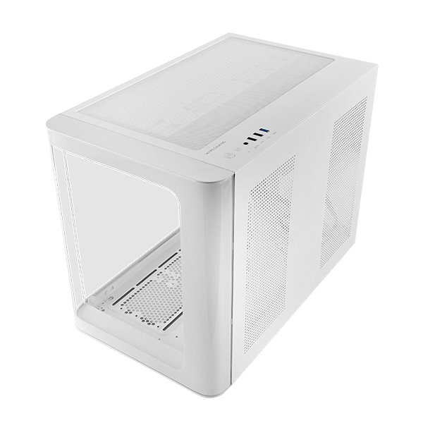 MC-FUSIONM, Caja Gaming Micro-ATX, Ventana Lateral y Frontal Curvo de Cristal Templado Continuo, Minitorre PC Doble Cámara, Sopo