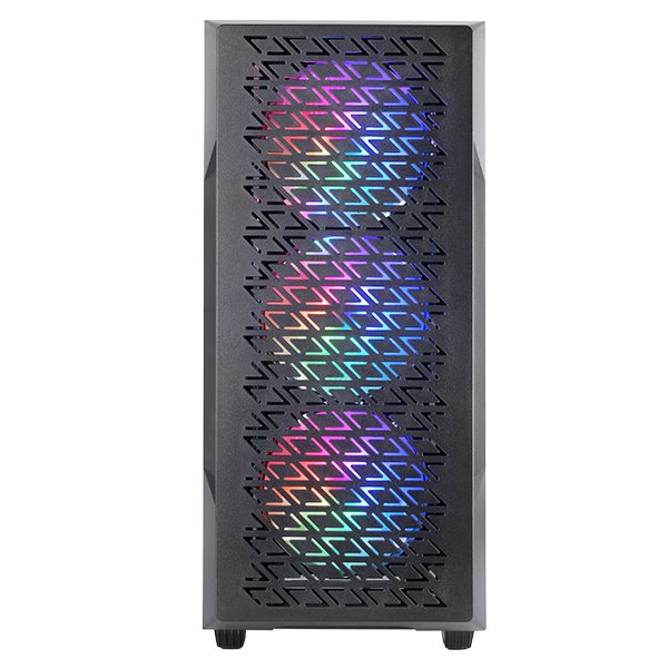 MC-GEO, Caja Gaming ATX, 4x Ventiladores FRGB Rainbow 12cm, Panel Frontal Mesh Geométrico, Ventana Lateral Cristal Templado, Sem