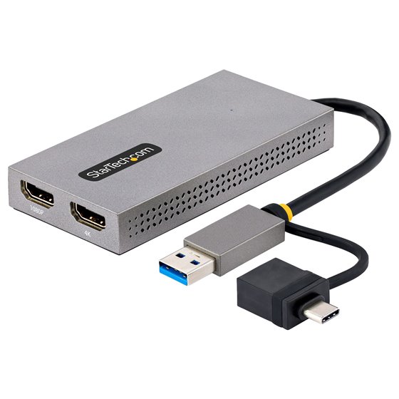 Adaptador de USB a HDMI Doble, USB A/C a 2 Pantallas HDMI (1x 4K30Hz, 1x 1080p), Dongle Integrado USB-A a C, Cable de 11cm, Adap