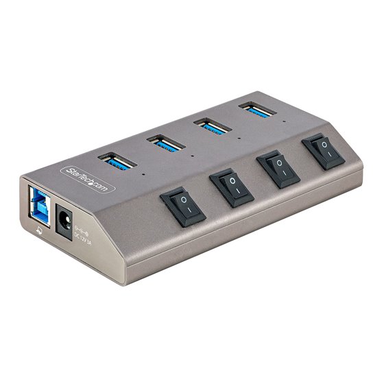 Hub USB-C Autoalimentado de 4 puertos con Interruptores Individuales - Concentrador USB 3.0 a 5 Gbps con Fuente de Alimentación 