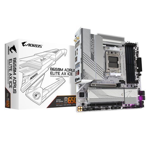 B650M AORUS ELITE AX ICE Placa base - AMD Ryzen serie 9000, VRM de 12+2+2 fases, hasta 8000 MHz DDR5 (OC), 1xPCIe 5.0 + 1xPCIe 4