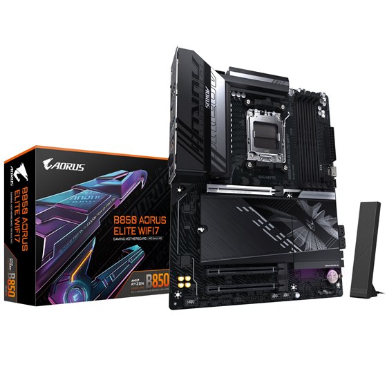 B850 AORUS ELITE WIFI7 Placa Base - Procesadores AMD Ryzen Serie 9000, VRM digital de 14+2+2 fases, hasta 8200MHz DDR5 (OC), 1xP