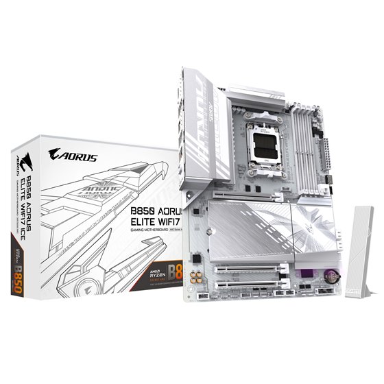 B850 AORUS ELITE WIFI7 ICE Placa Base - Procesadores AMD Ryzen Serie 9000, VRM digital de 14+2+2 fases, hasta 8200MHz DDR5 (OC),