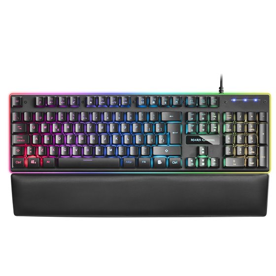 MK320ES, Teclado Gaming H-Mech, 13 Modos RGB y Halo, Reposamuñecas Acolchado, Antighosting, Idioma Español, Color Negro
