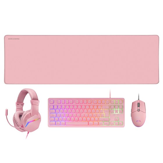MCP-RGB3, Pack Gaming Teclado Fixed RGB + Ratón Gaming RGB Flow 3200 DPI + Auriculares Over-Ear RGB + Alfombrilla XXL, Rosa, Idi