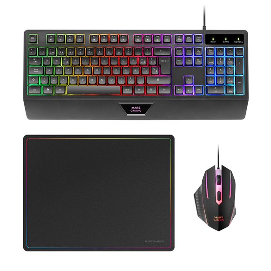 MCP124, Combo Gaming 3en1, Teclado Ergonómico H-Mech LED RGB, Ratón RGB 3200DPI Switches HUANO, Alfombrilla Nanotextil 360x260mm
