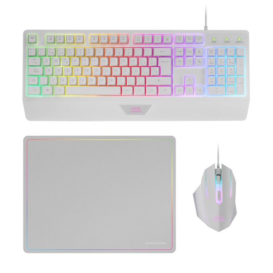 MCP124, Combo Gaming 3en1, Teclado Ergonómico H-Mech LED RGB, Ratón RGB 3200DPI Switches HUANO, Alfombrilla Nanotextil 360x260mm