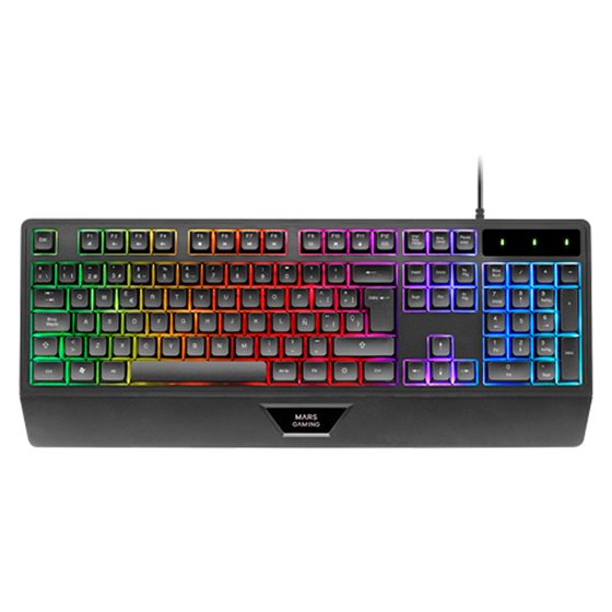 MK124, Teclado Ergonómico H-Mech, Reposamuñecas Integrado, Iluminación FRGB Rainbow, Teclado Gaming Antighosting Avanzado, Tecla