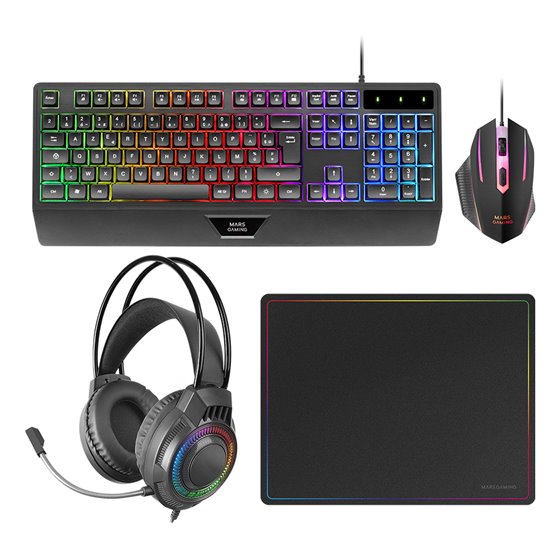 MCP124PRO, Combo Gaming 4en1, Teclado RGB H-Mech con Reposamuñecas, Ratón RGB 3200DPI y Switches HUANO, Auriculares FRGB, Alfomb