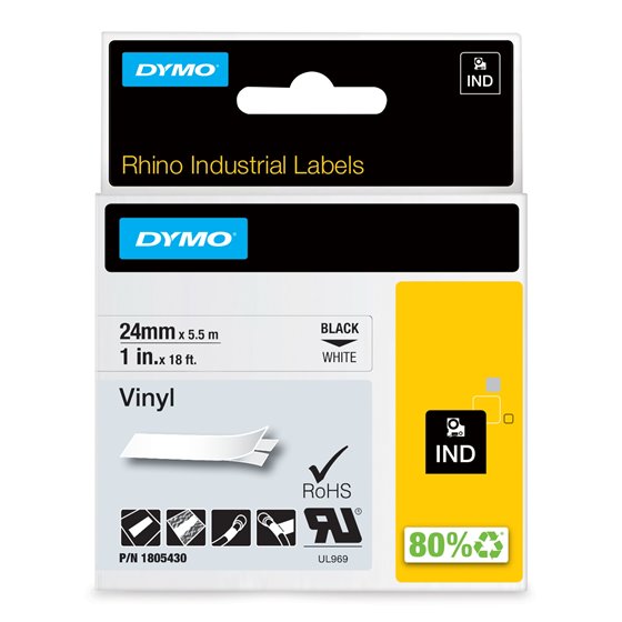 Rhino Etiquetas industriales de vinilo | 24 mm x 5,5 m | Impresión en negro sobre blanco | Autoadhesivas | Para rotuladoras Labe