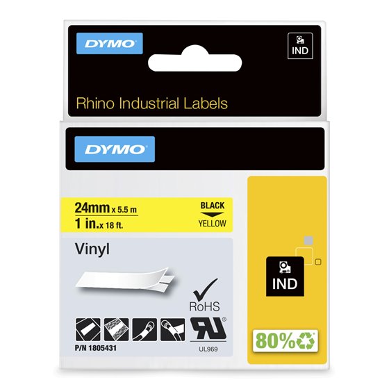 Rhino Etiquetas industriales de vinilo | 24 mm x 5,5 m | Impresión en negro sobre amarillo | Autoadhesivas | Para rotuladoras La