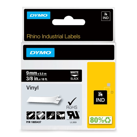 Rhino Etiquetas industriales de vinilo | 9 mm x 5,5 m | Impresión blanca sobre negro | Autoadhesivas | Para etiquetadoras LabelM