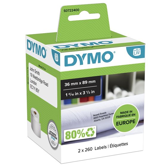 LW etiquetas auténticas de dirección grandes | 36 mm × 89 mm | negro sobre blanco | 2 rollos de 260 etiquetas (520 etiquetas aut