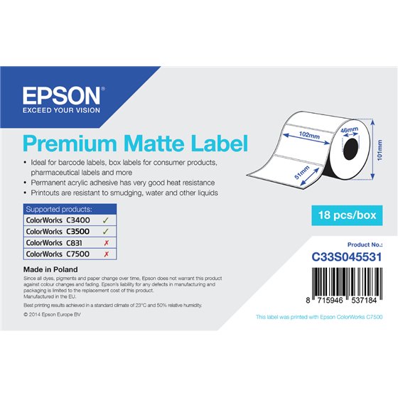 Premium Matte Label - Die-cut Roll: 102mm x 51mm, 650 labels