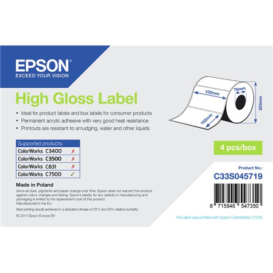 High Gloss Label - Die-cut Roll: 102mm x 152mm, 800 labels