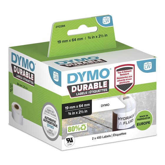 LW auténticas etiquetas durables | 19mm × 64mm | 2 rollos de 450 etiquetas "White Poly" (900 unidades) | Etiquetas que duran sob