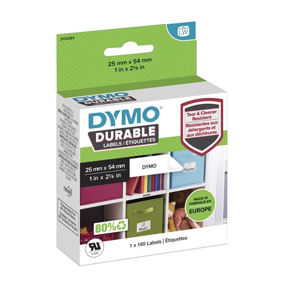 LW auténticas etiquetas durables | 25mm × 54mm | rollo de 160 etiquetas autoadhesivas "White Poly" | Etiquetas que duran sobre s