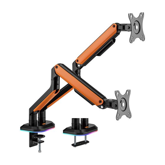 Soporte de Mesa RGB Gaming contrapeso giratorio e inclinable para Monitor/TV 9Kg (3 Pivotes, 2 Brazos) de 17-32, Negro-Naranja