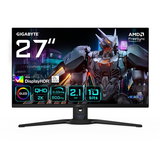 AORUS FO27Q5P Monitor Gaming OLED QHD – 2560 x 1440, 500Hz, 0,03ms, KVM, 300 cd/m², FreeSync Premium Pro, DisplayHDR True Black 