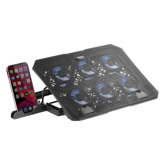 MNBC23, Base Refrigeradora y Stand 16”, 6 Ventiladores Controlables con LED Azul, Stand 6 Posiciones, Soporte Smartphone, 2 USB 