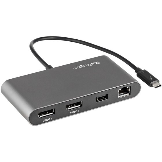 Mini Dock Thunderbolt - Docking Station Portátil para 2 Monitores con DP 4K 60Hz, 1x Hub USB-A (USB 5 Gbps), GbE - Cable de 28cm