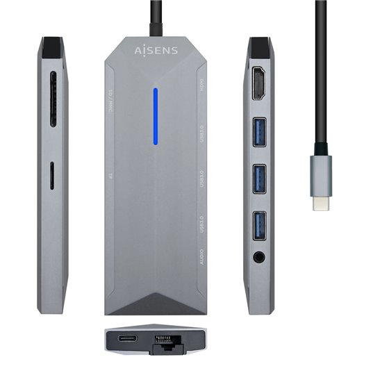 USB-C Dock 9 en 1, USB-C a 1x HDMI, 1xRJ45, 3x USB, 1x PD, 1x Audio, 1x SD, 1x Micro SD, Gris, 15 cm