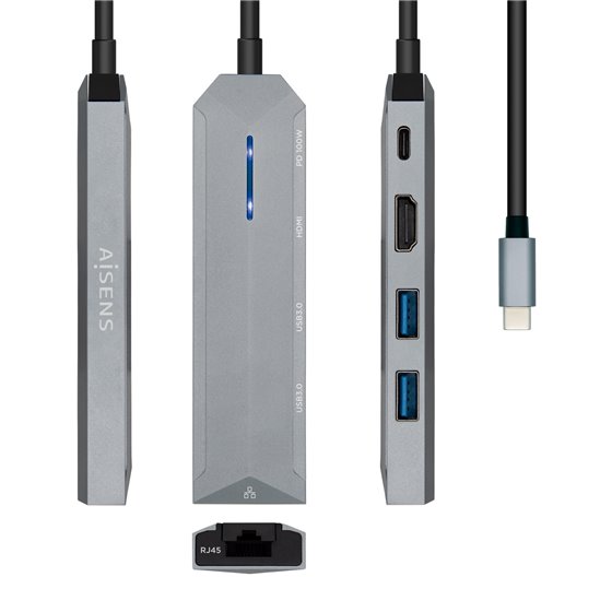 USB-C dock 5 en 1, USB-C a 1xHDMI, 1xRJ45, 2xUSB, 1xPD, Gris, 15 cm