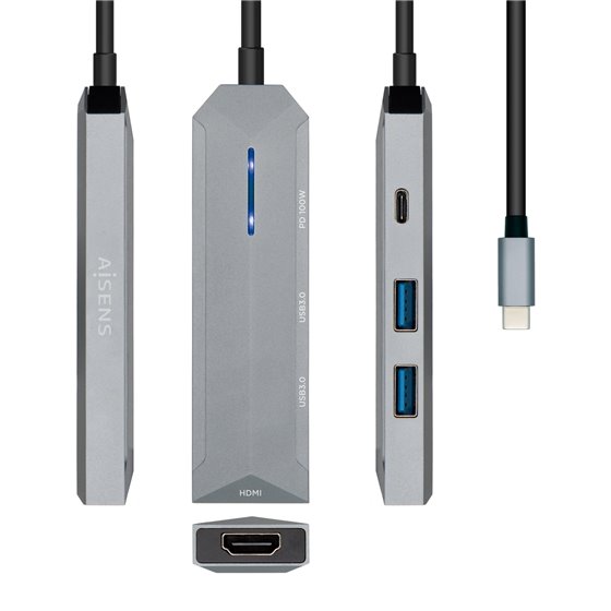 USB-C dock 4 en 1, USB-C a 1xHDMI, 2xUSB, 1xPD, Gris, 15 cm
