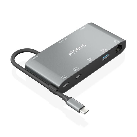 USB-C Dock 8 en 1, USB-C a 1xHDMI, 1xVGA, 1xRJ45, 2xUSB-A, 2xUSB-C 5G, 1xUSB-C PD, Gris, 20 cm