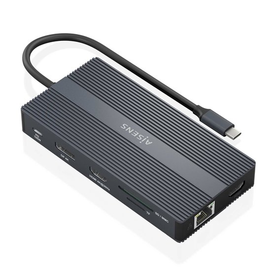 USB-C Dock 12 En 1, USB-C a 2xHDMI, 1xDisplayport, 1xRJ45, 4xUSB-A, 1xUSB-C, 1xUSB-C PD, 1xSD, 1xMicro SD, Gris, 20cm