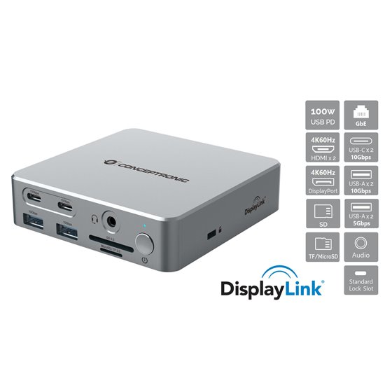 DONN25G base para portátil y replicador de puertos Alámbrico USB 3.2 Gen 2 (3.1 Gen 2) Type-C Plata