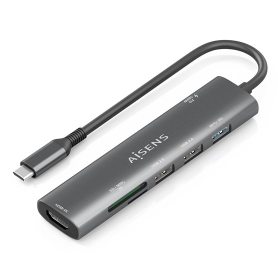 USB-C Dock 7 en 1, USB-C A, 1x HDMI, 2x USB-A USB2.0, 1x USB-A USB3.0, 1x USB-C PD 100W, 1x SD, 1x MicroSD, Gris, 15cm
