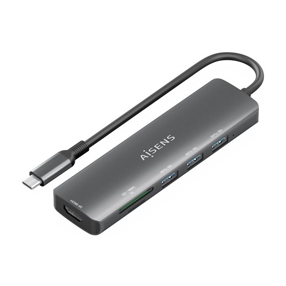 USB-C Dock 6 en 1, USB-C A, 1x HDMI, 3x USB-A, 1x SD, 1x MicroSD, Gris, 15cm
