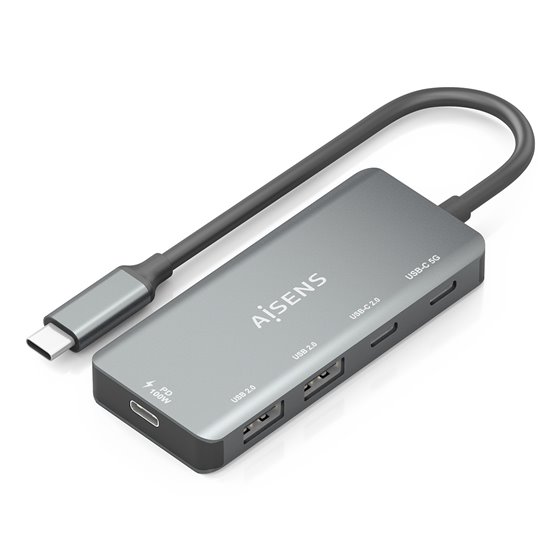 Hub USB 3.1 USB-C, USB-C/M-1xUSB-C PD 100W+1xUSB-C USB3.0/H+1xUSB-C USB2.0/H+2xUSB-A USB2.0/H, Gris, 15cm