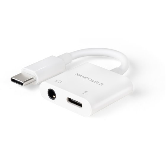 Adaptador de Audio USB-C/M a Jack 3.5/H + USB-C/H PD 60W, 11.5 cm, Blanco