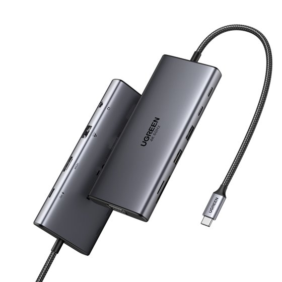 11-in-1 USB-C Hub to 3x USB-C/2x USB-A/HDMI/VGA/RJ45/SD/TF/3.5mm - Gray Acoplamiento Base Gris