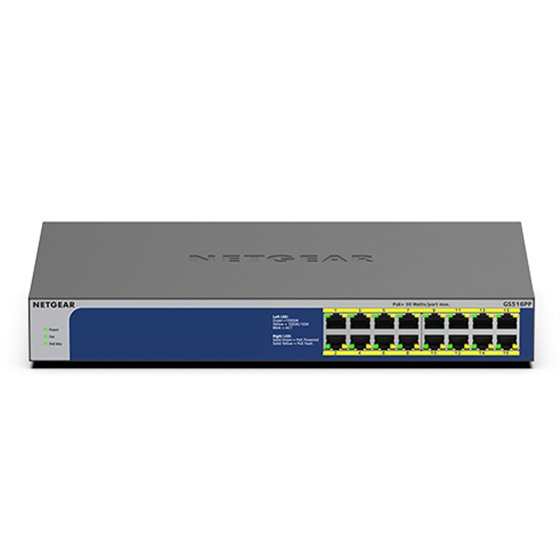GS516PP No administrado Gigabit Ethernet (10/100/1000) Energía sobre Ethernet (PoE) Azul, Gris