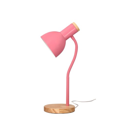 Lampara de escritorio q-connect orion metalica con detalles de madera brazo flexible color rosa
