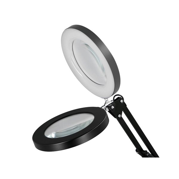 Lampara de escritorio q-connect hadar led 8w 380lm aluminio con pinza y lupa brazo doble color negro