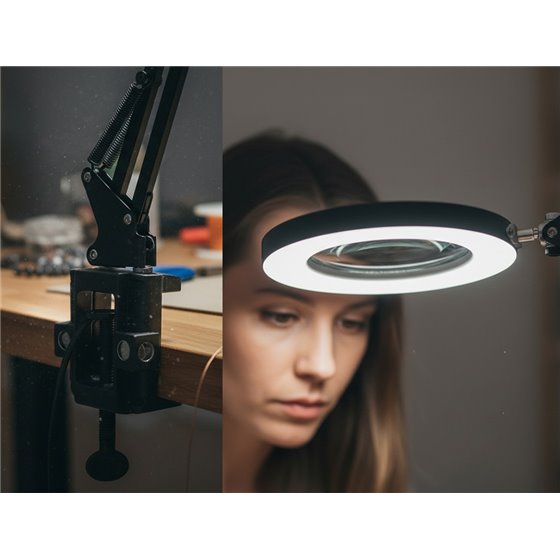 Lampara de escritorio q-connect hadar led 8w 380lm aluminio con pinza y lupa brazo doble color negro
