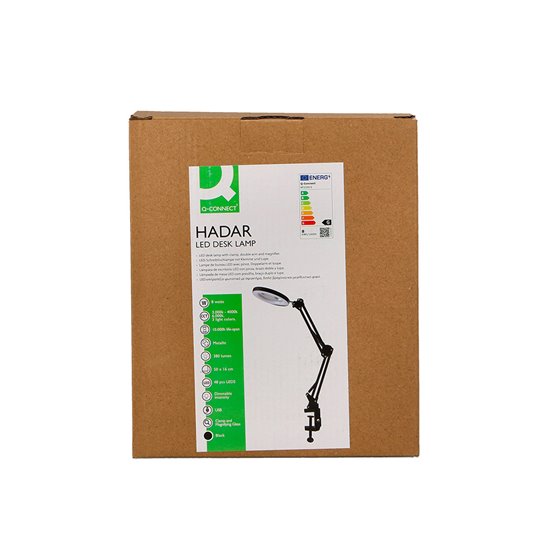 Lampara de escritorio q-connect hadar led 8w 380lm aluminio con pinza y lupa brazo doble color negro