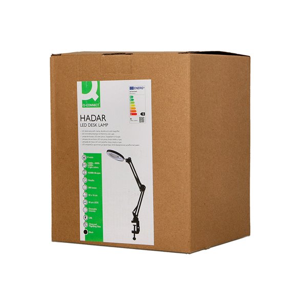 Lampara de escritorio q-connect hadar led 8w 380lm aluminio con pinza y lupa brazo doble color negro