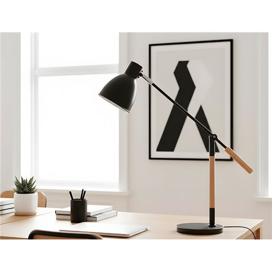 Lampara de escritorio q-connect deneb metalica con detalles de madera interruptor2 articulaciones color negro